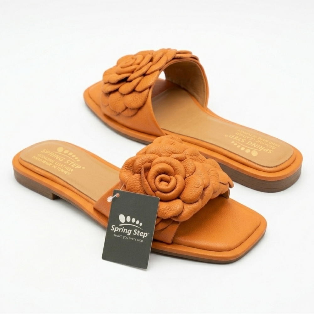 NIB Spring Step Domonique Slide Sandals 8.5 Orange Leather Floral Boho Comfort